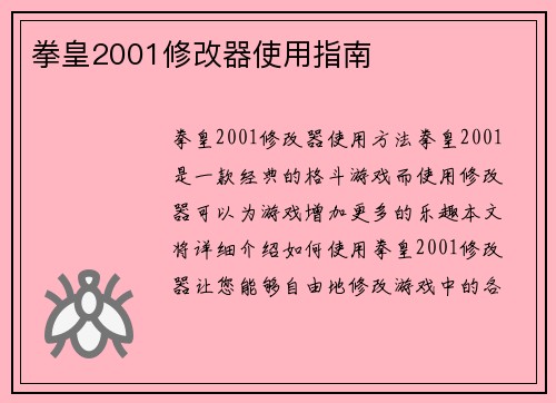 拳皇2001修改器使用指南